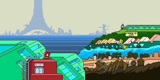 Pixel-art coastline of REEF, with a distant tower skyline, ocean, and a green hillside village
